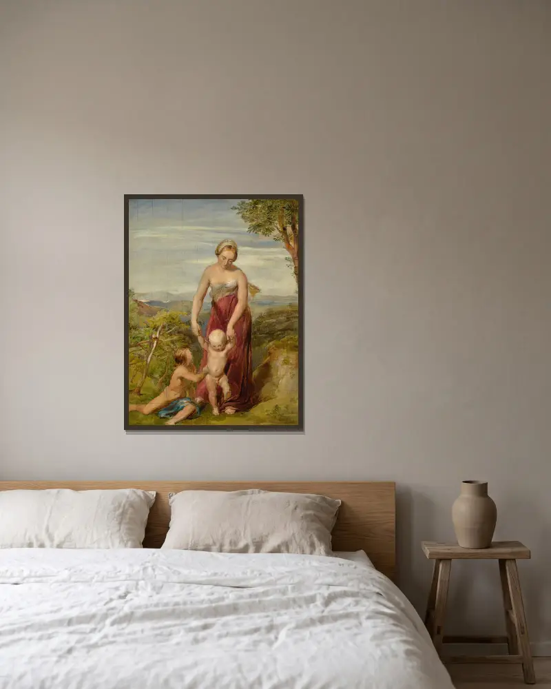 Kvinna med två barn i ett kuperat landskap av George Richmond inramad på en vägg