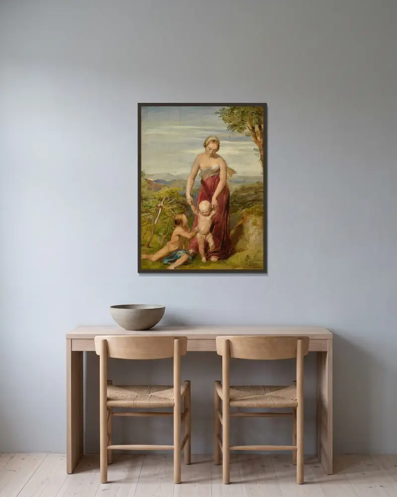 Kvinna med två barn i ett kuperat landskap av George Richmond inramad på en vägg