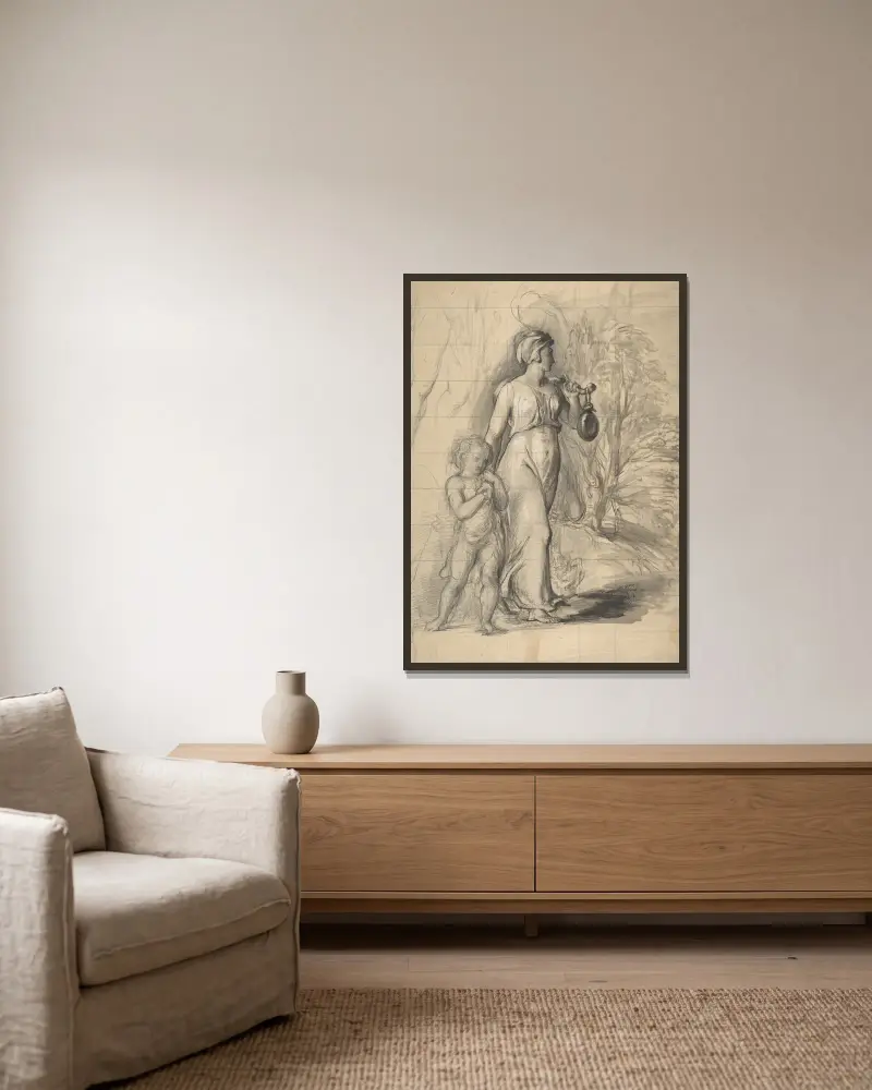 Hagar och Ismael i öknen av George Richmond inramad på en vägg
