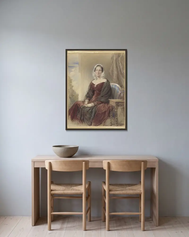 Porträtt av en sittande dam med utsikt ut av George Richmond inramad på en vägg