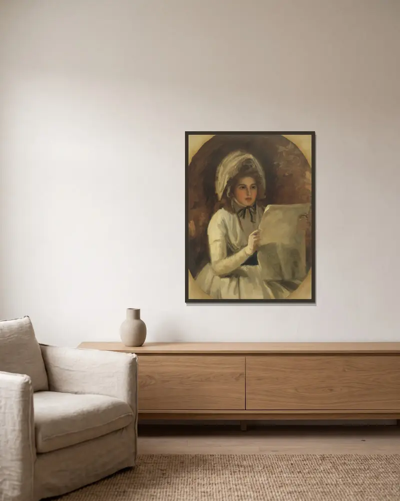 Lady Hamilton som 'Serena' läsande en tidning av George Romney inramad på en vägg