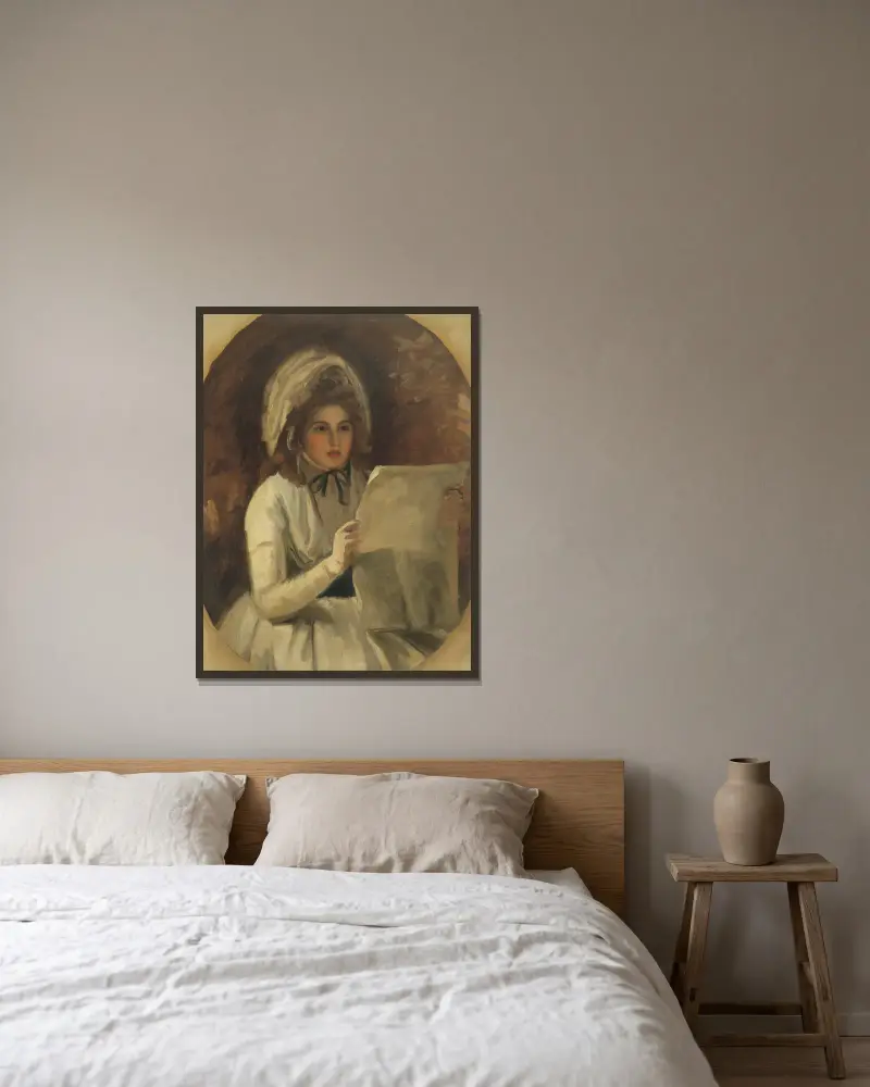 Lady Hamilton som 'Serena' läsande en tidning av George Romney inramad på en vägg