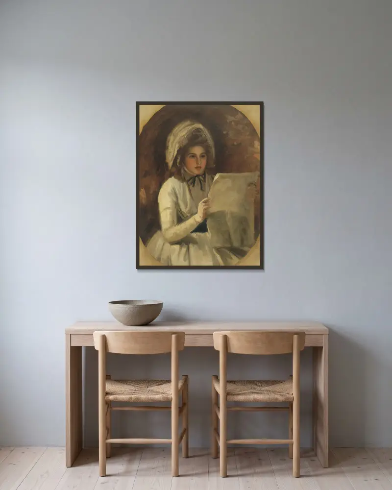 Lady Hamilton som 'Serena' läsande en tidning av George Romney inramad på en vägg