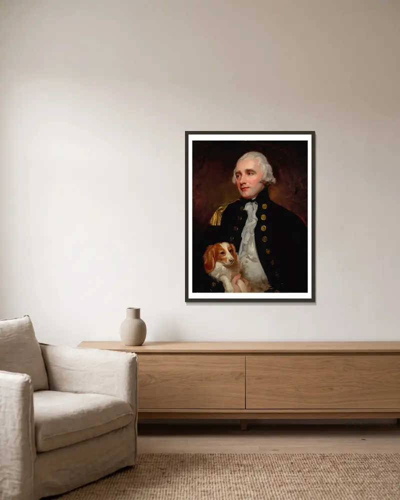 Porträtt av en officer vid ingenjörskåren, halvfigur, tidigare identifierad som Sir George Grey av George Romney inramad på en vägg