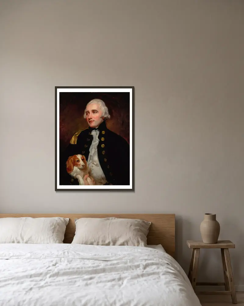 Porträtt av en officer vid ingenjörskåren, halvfigur, tidigare identifierad som Sir George Grey av George Romney inramad på en vägg