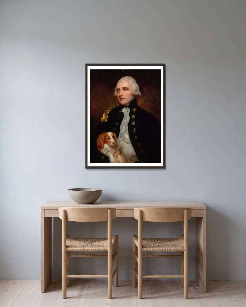 Porträtt av en officer vid ingenjörskåren, halvfigur, tidigare identifierad som Sir George Grey av George Romney inramad på en vägg