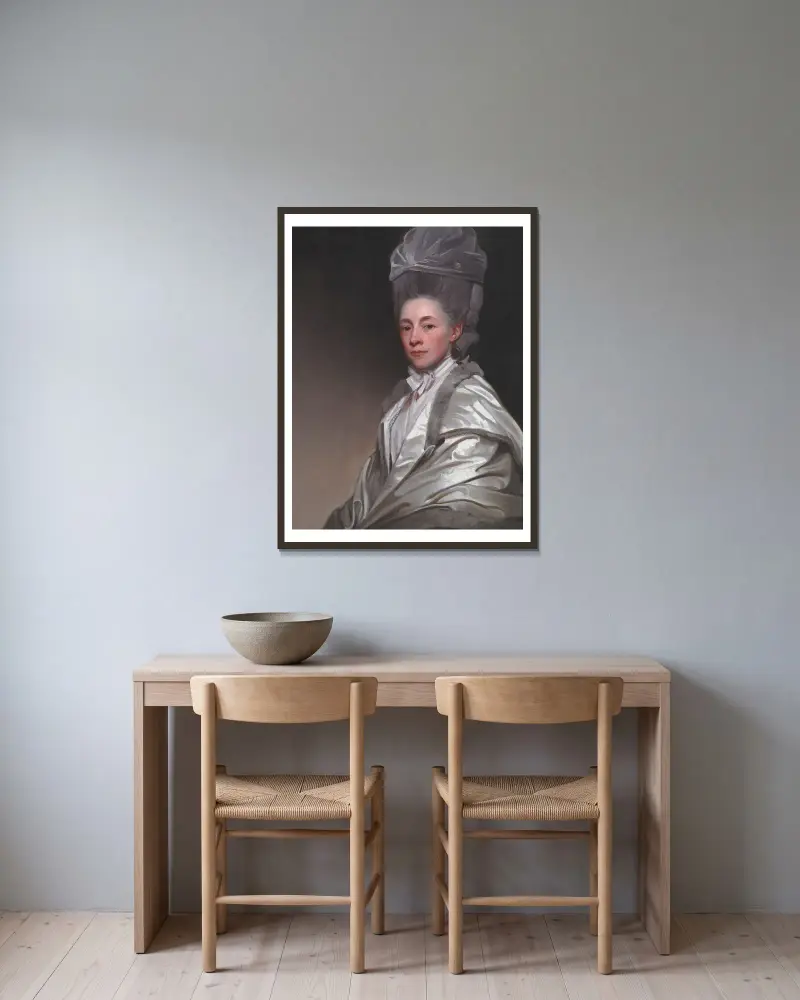 Porträtt av Jane Dawkes Robinson av George Romney inramad på en vägg