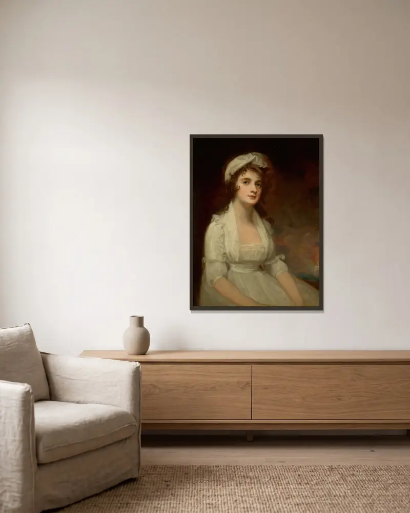 Porträtt av Miss Elizabeth Tighe (1774–1857), halvfigur, i vit klänning av George Romney inramad på en vägg