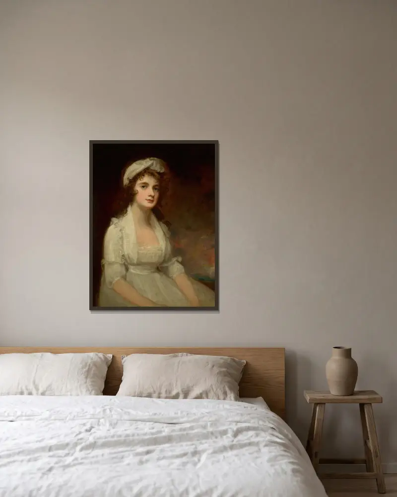 Porträtt av Miss Elizabeth Tighe (1774–1857), halvfigur, i vit klänning av George Romney inramad på en vägg