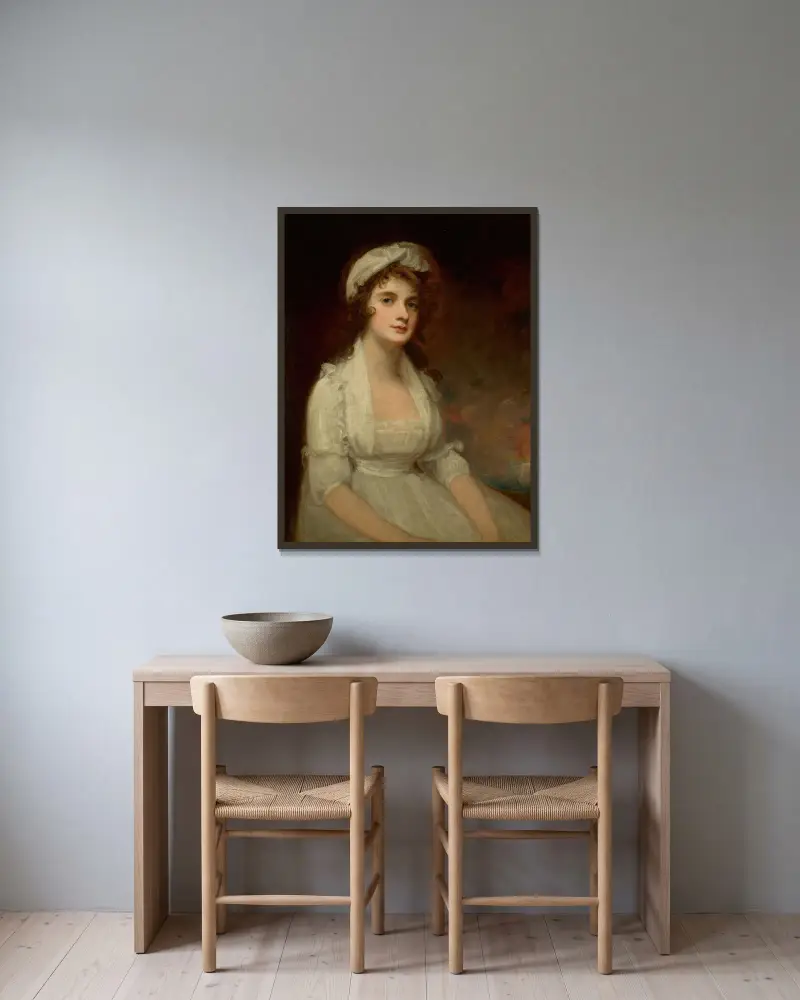 Porträtt av Miss Elizabeth Tighe (1774–1857), halvfigur, i vit klänning av George Romney inramad på en vägg