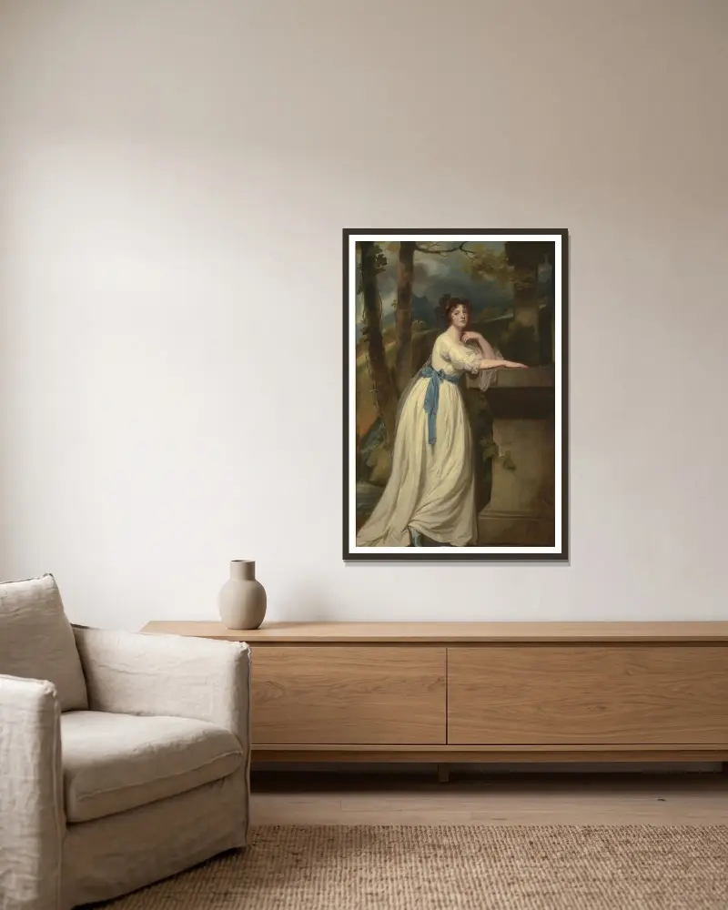 Porträtt av Mrs. Andrew Reid av George Romney inramad på en vägg