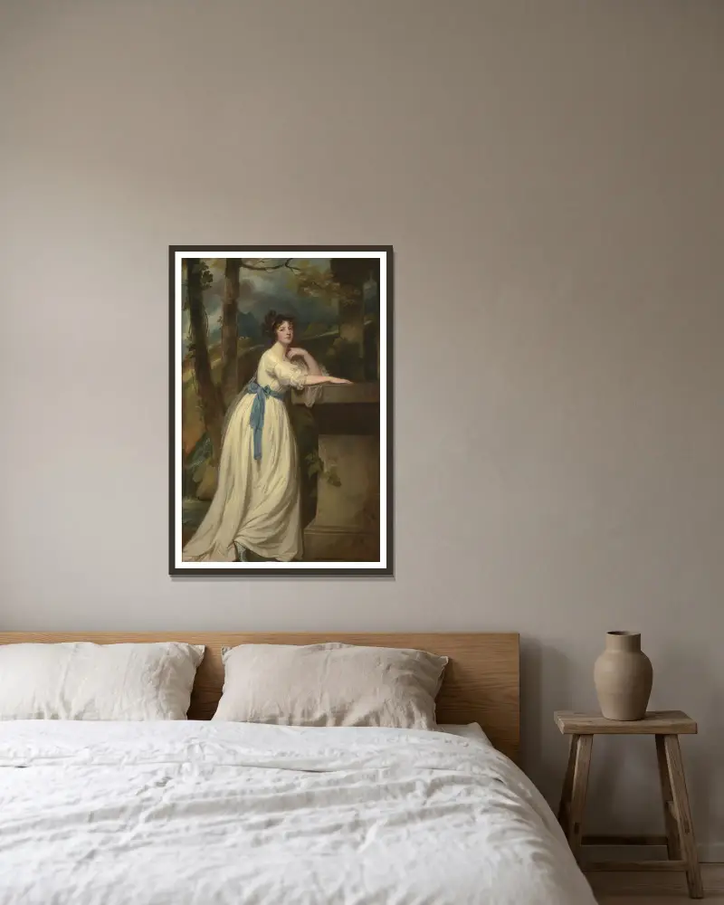 Porträtt av Mrs. Andrew Reid av George Romney inramad på en vägg