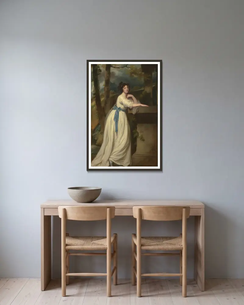 Porträtt av Mrs. Andrew Reid av George Romney inramad på en vägg