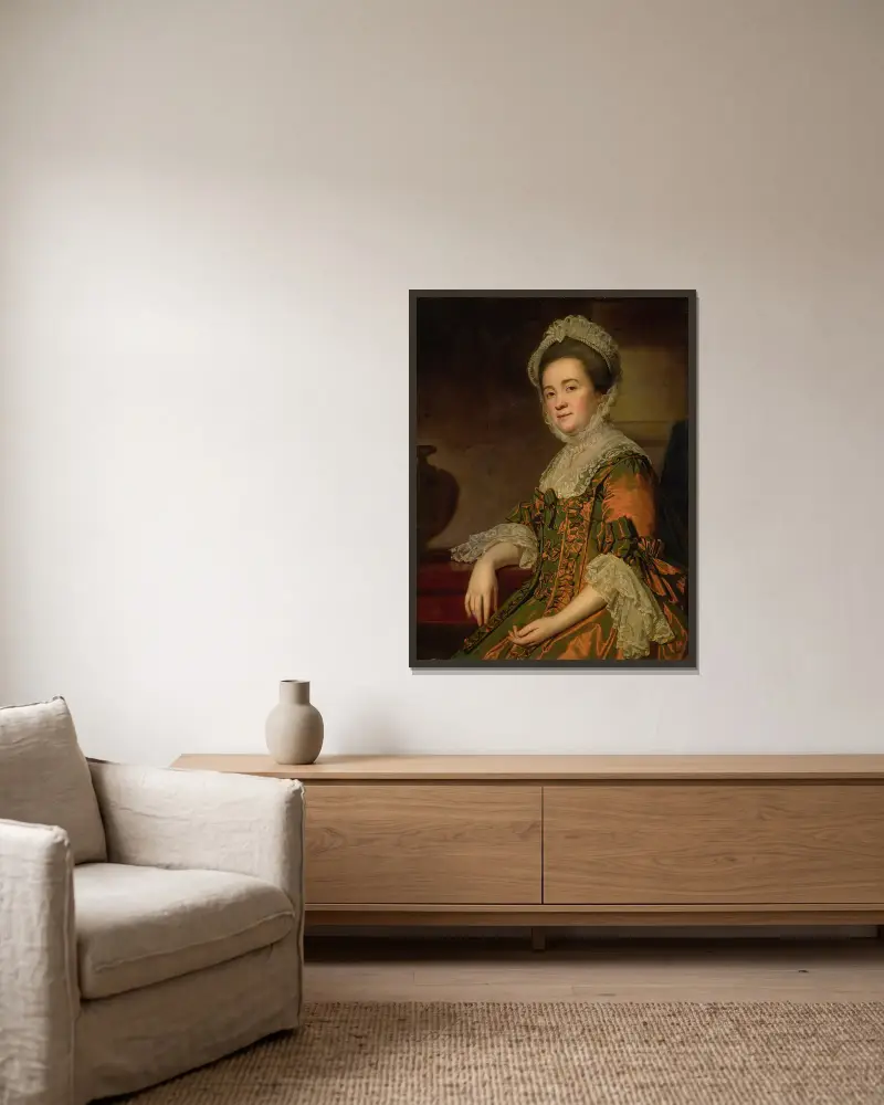 Porträtt av Mrs. Dawes av George Romney inramad på en vägg