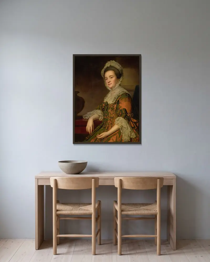 Porträtt av Mrs. Dawes av George Romney inramad på en vägg