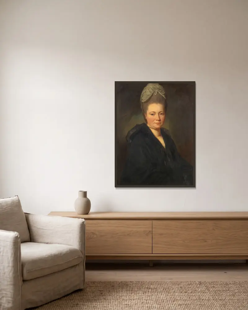 Porträt von Mrs. Marie-Jean Gomm von George Romney gerahmt an einer Wand