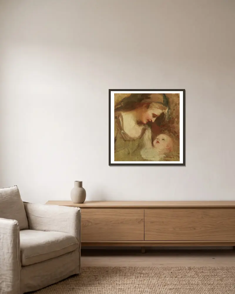Skiss av en mor och ett barn av George Romney inramad på en vägg
