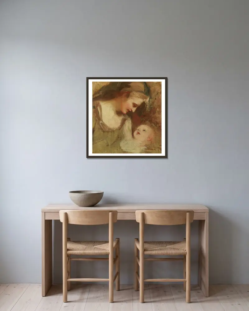 Skiss av en mor och ett barn av George Romney inramad på en vägg