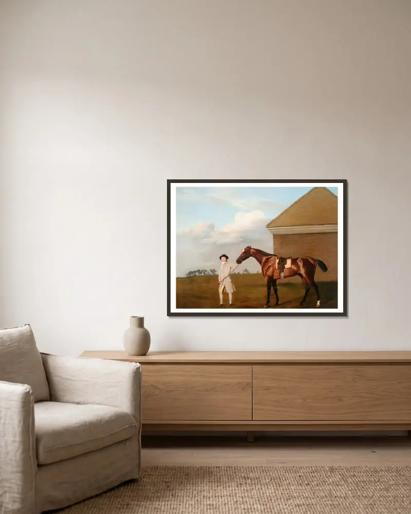 Firetail med sin tränare vid rykthuset på Newmarket Heath av George Stubbs inramad på en vägg