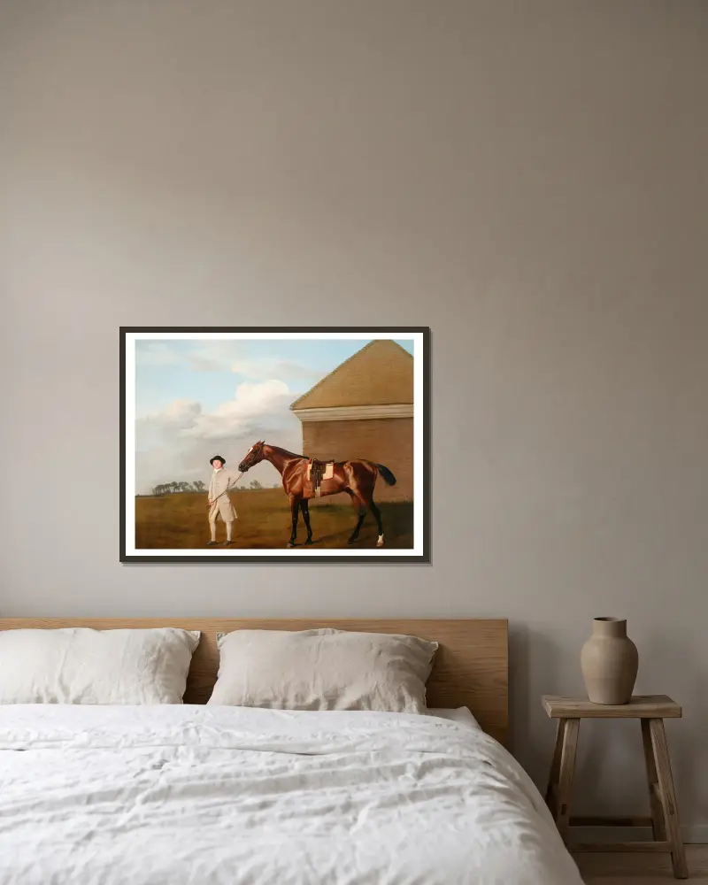 Firetail med sin tränare vid rykthuset på Newmarket Heath av George Stubbs inramad på en vägg
