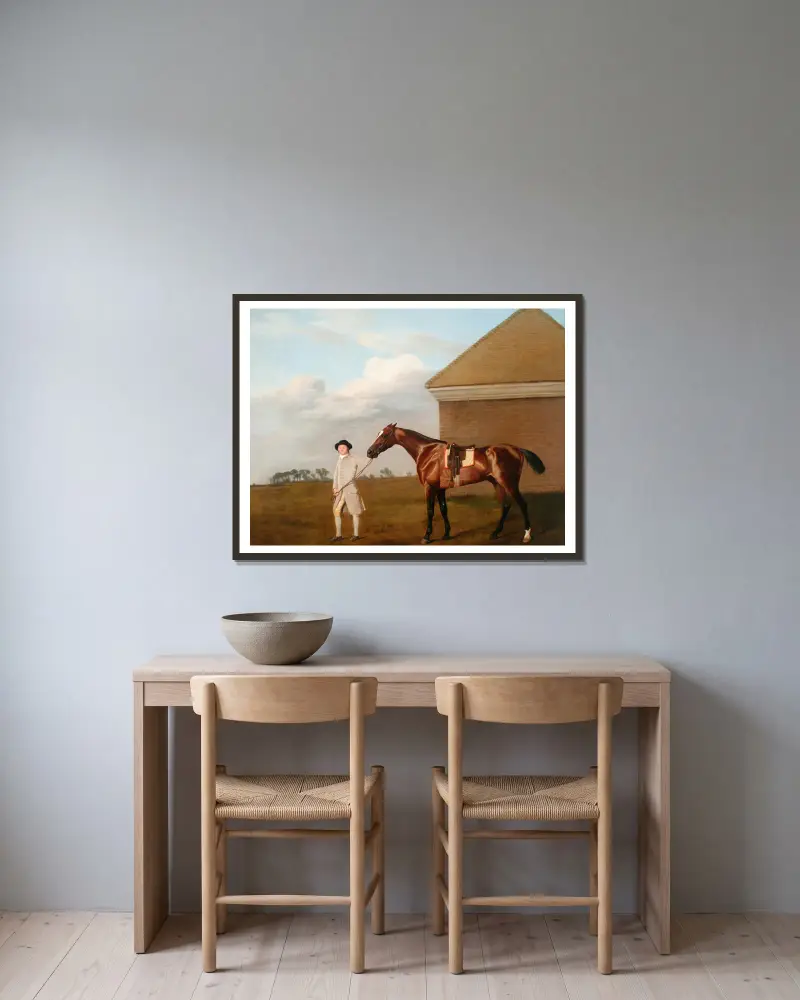 Firetail med sin tränare vid rykthuset på Newmarket Heath av George Stubbs inramad på en vägg