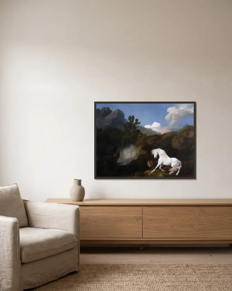 Häst skrämd av ett lejon av George Stubbs inramad på en vägg
