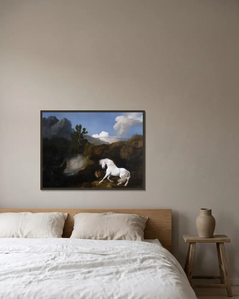Häst skrämd av ett lejon av George Stubbs inramad på en vägg
