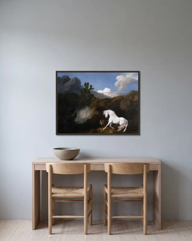 Häst skrämd av ett lejon av George Stubbs inramad på en vägg