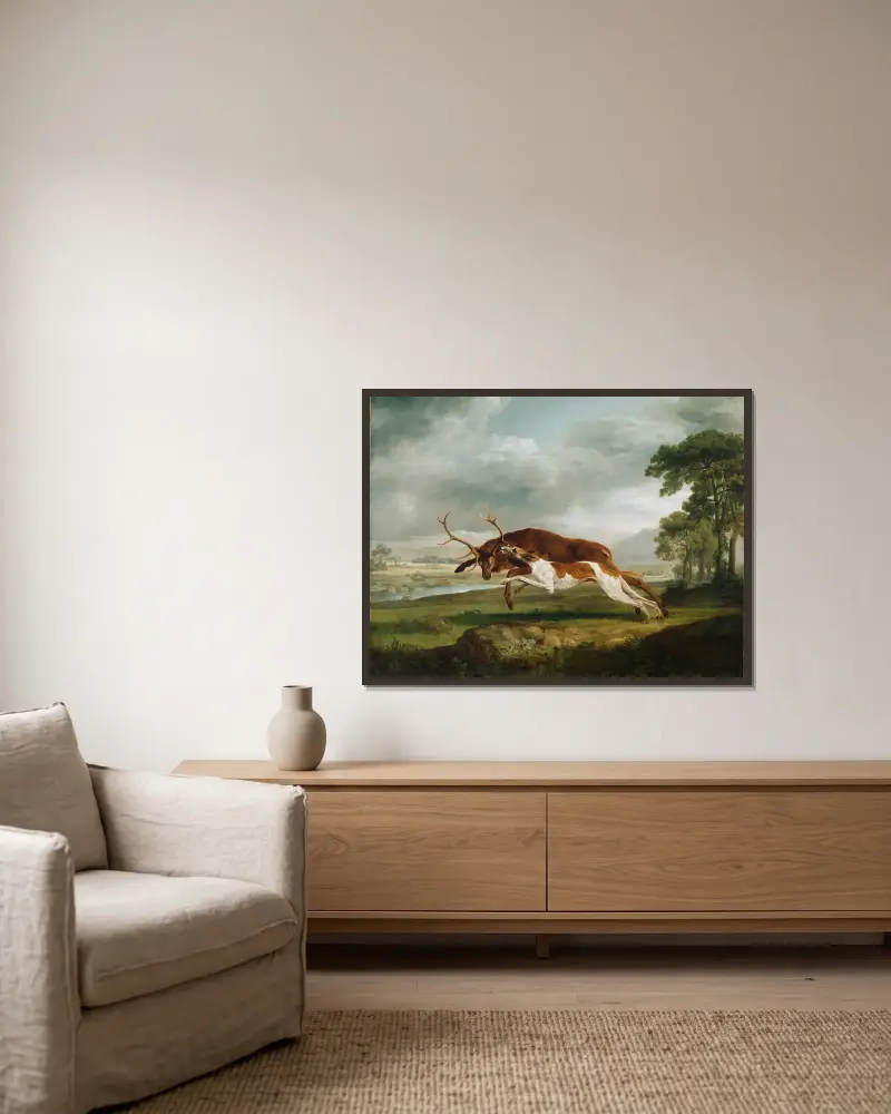 Hound Coursing a Stag av George Stubbs inramad på en vägg