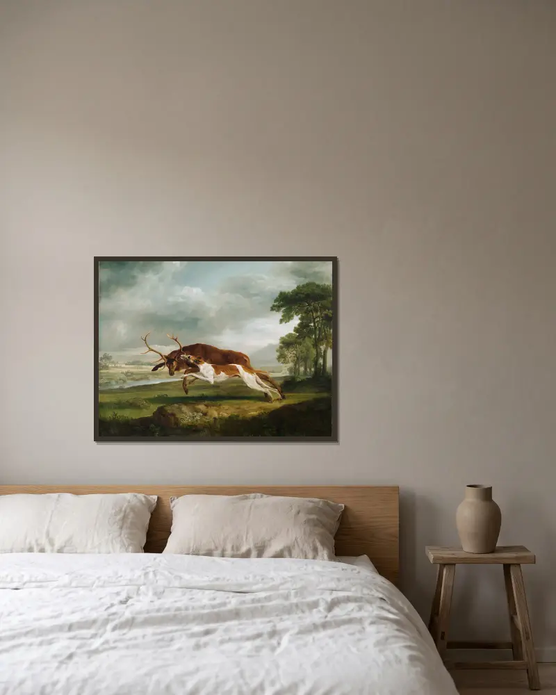 Hound Coursing a Stag av George Stubbs inramad på en vägg