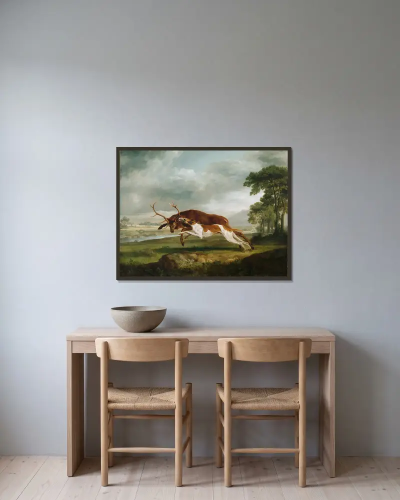 Hound Coursing a Stag av George Stubbs inramad på en vägg