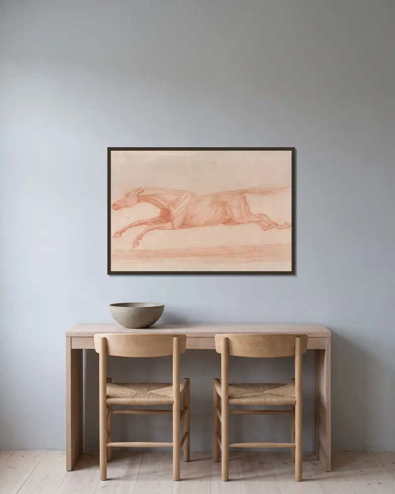 Studie eines Rennpferdes in Bewegung; nach links galoppierend, eine teilanatomische Studie mit abgezogener Haut zur Darstellung der Muskelbewegung von George Stubbs gerahmt an einer Wand