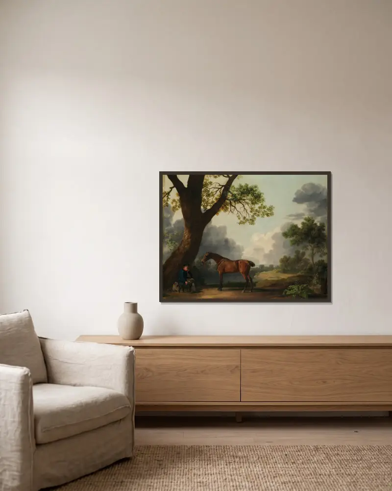 Der dritte Herzog von Dorsets Jagdpferd mit Reitknecht und Hund von George Stubbs gerahmt an einer Wand