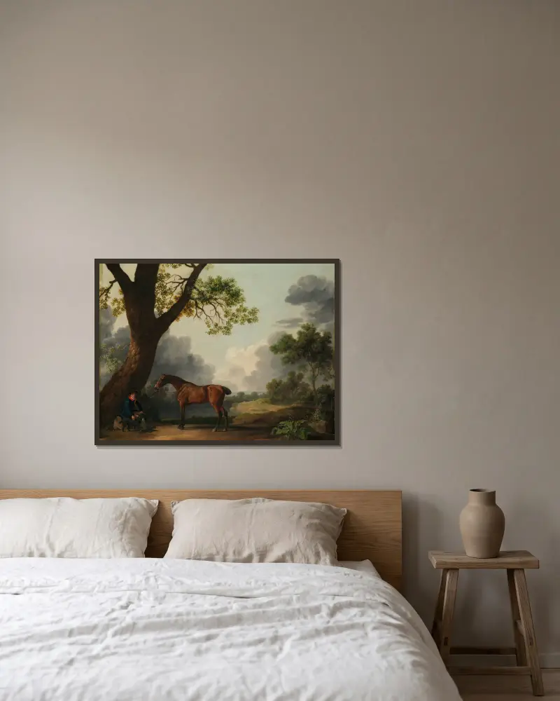 Der dritte Herzog von Dorsets Jagdpferd mit Reitknecht und Hund von George Stubbs gerahmt an einer Wand