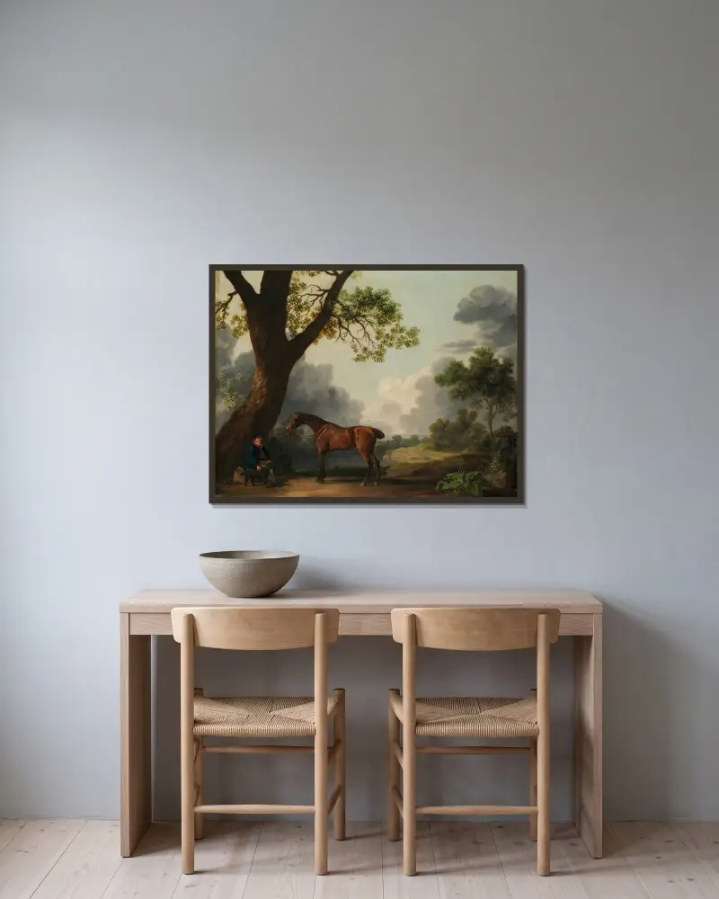 Der dritte Herzog von Dorsets Jagdpferd mit Reitknecht und Hund von George Stubbs gerahmt an einer Wand