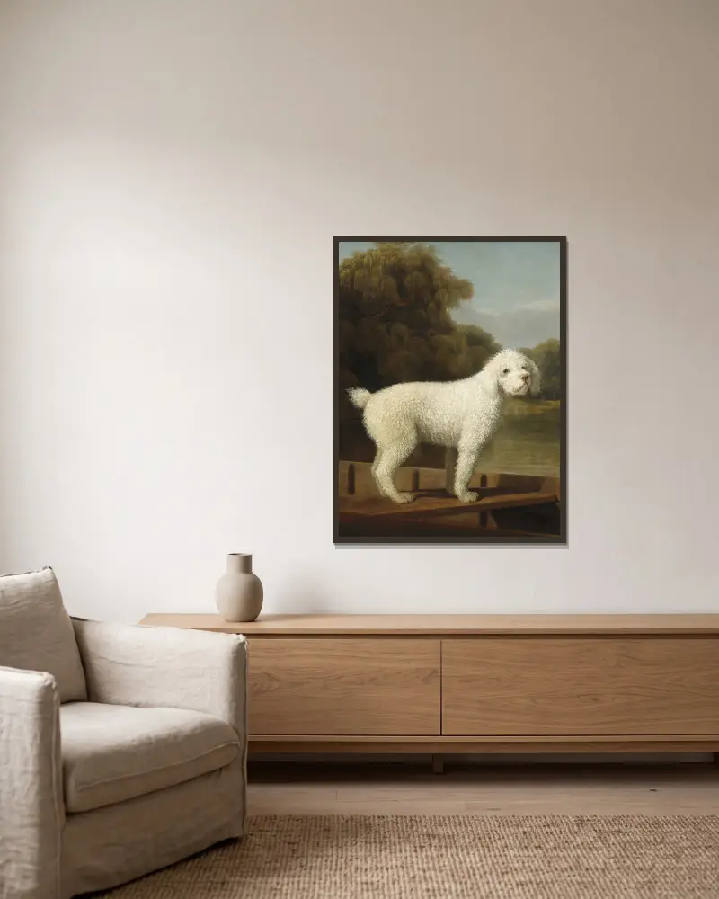 White Poodle in a Punt av George Stubbs inramad på en vägg