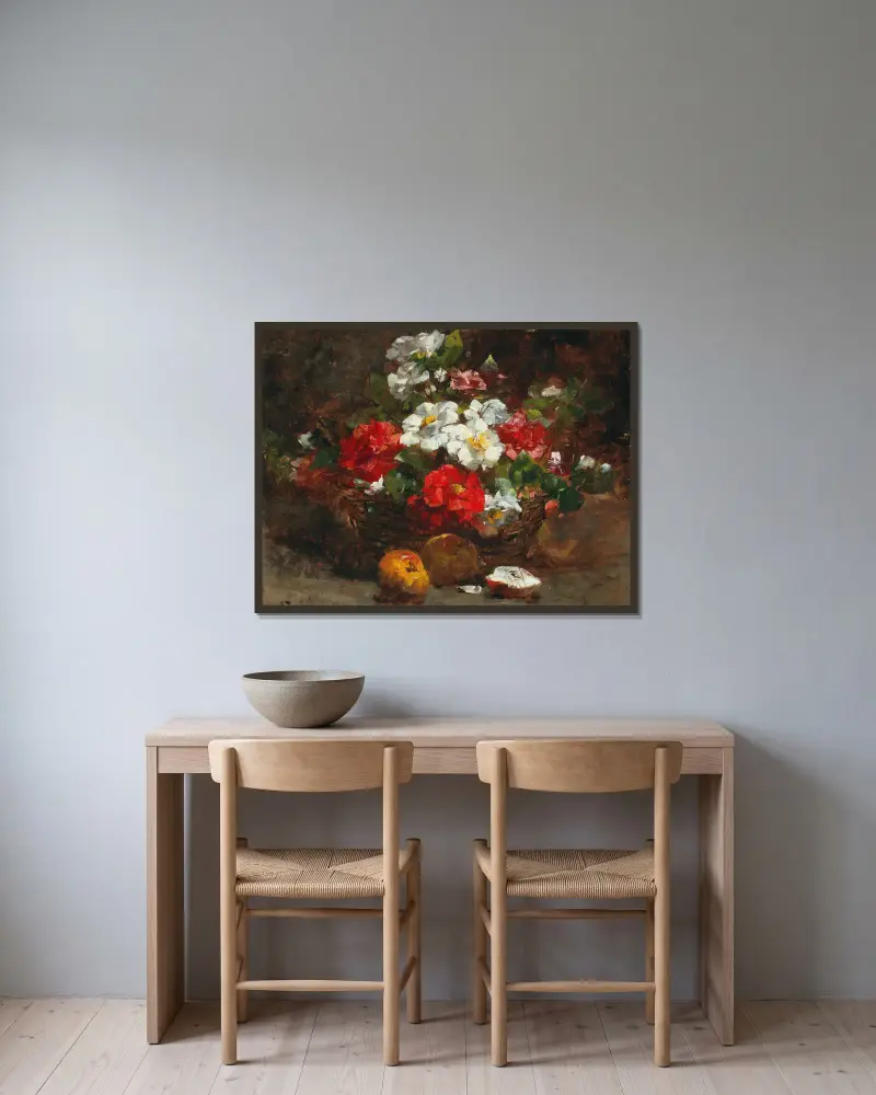 En korg full av blommor av Georges Jeannin inramad på en vägg
