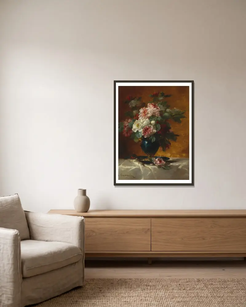 Blumenstück mit Rosen av Georges Jeannin inramad på en vägg