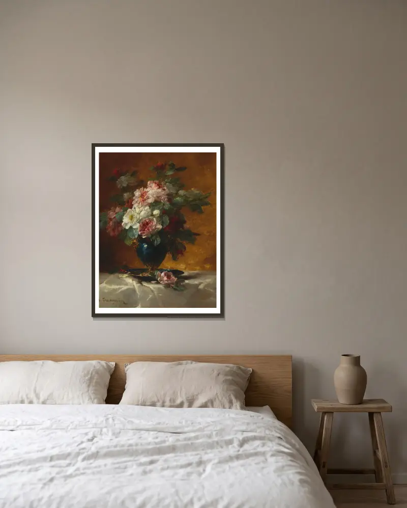 Blumenstück mit Rosen av Georges Jeannin inramad på en vägg