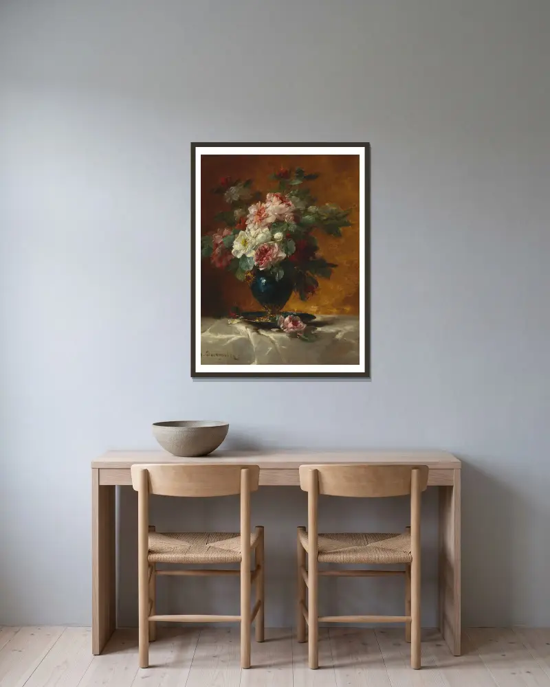 Blumenstück mit Rosen av Georges Jeannin inramad på en vägg