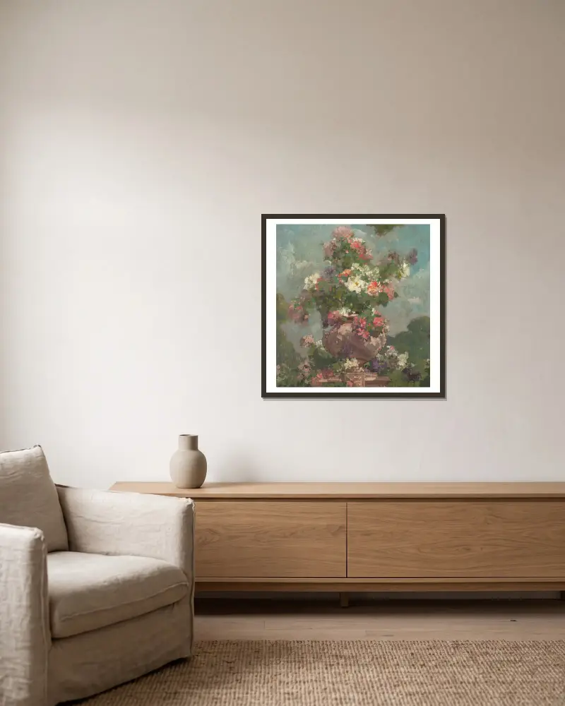 Blumen von Georges Jeannin gerahmt an einer Wand