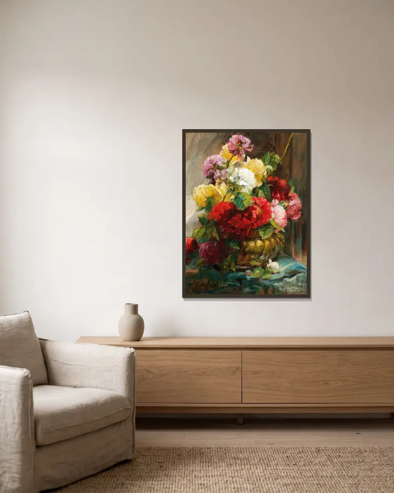 Blomsterstycke i vas av Georges Jeannin inramad på en vägg