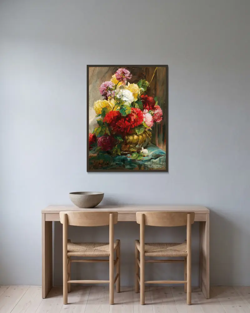 Blomsterstycke i vas av Georges Jeannin inramad på en vägg