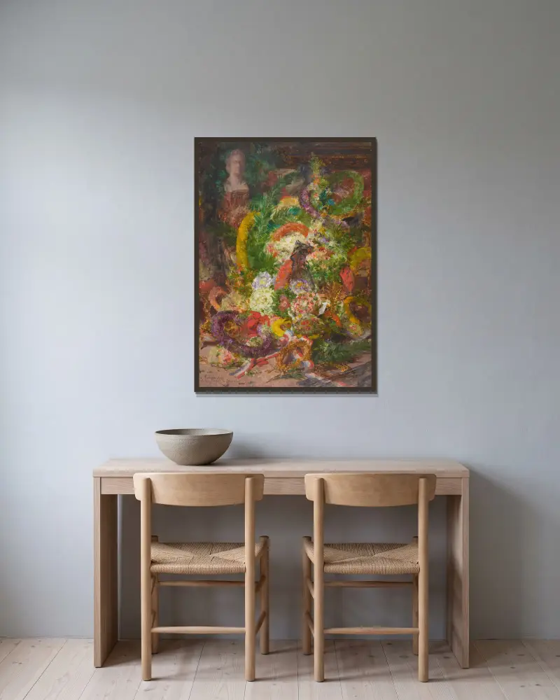 Blommor och kransar i dödsrummet av Georges Jeannin inramad på en vägg