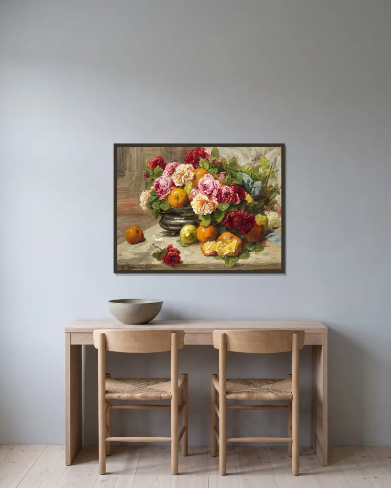 Stilleben med rosor och frukt av Georges Jeannin inramad på en vägg