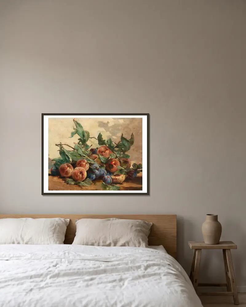 Stilleben med frukt, plommon och persikor av Georges Jeannin inramad på en vägg