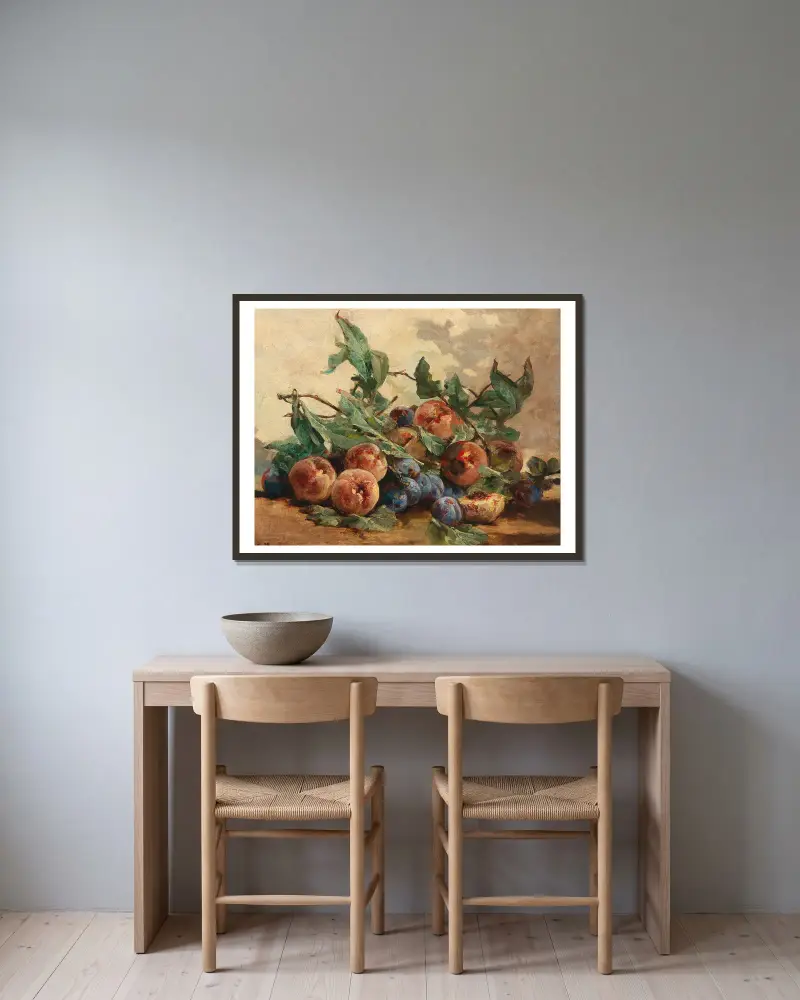 Stilleben med frukt, plommon och persikor av Georges Jeannin inramad på en vägg