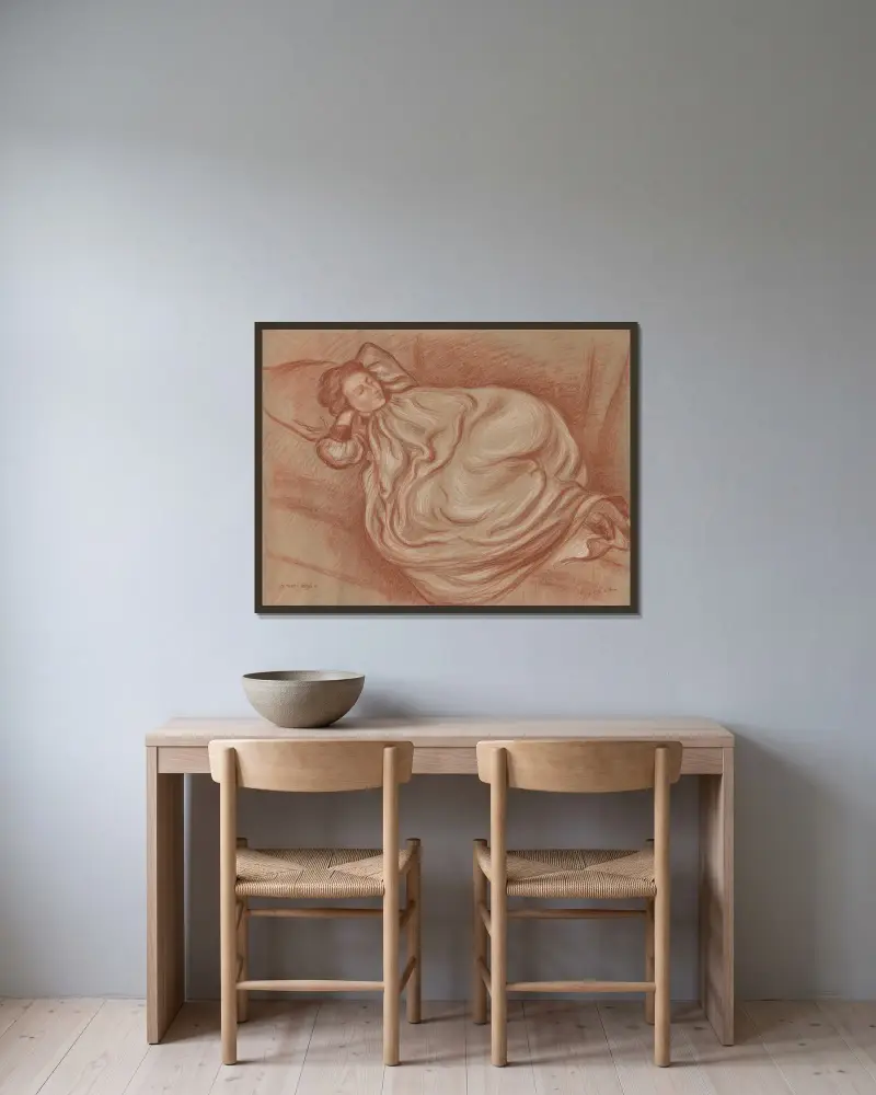Liggande flicka i vid klänning av Georges Lemmen inramad på en vägg