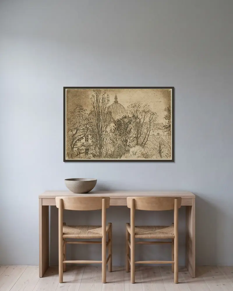 Vy i Schaerbeek med kupolen på den kungliga Sankta Mariakyrkan i bakgrunden av Georges Lemmen inramad på en vägg