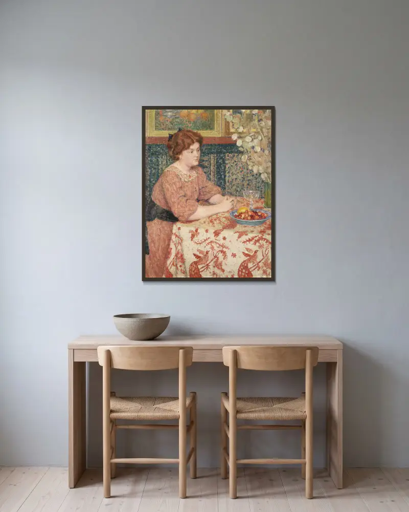 Ung kvinna med körsbär av Georges Lemmen inramad på en vägg